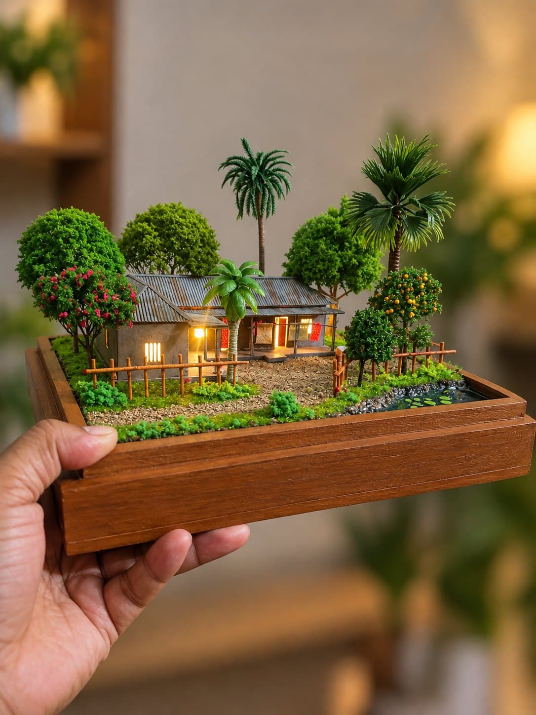 গ্রামের L ডিজাইনের বাড়ি আলো সহ